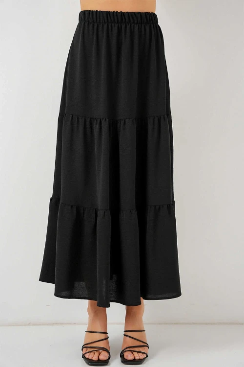 Kadın Siyah Beli Lastikli Ayrobin Uzun Etek HZL25S-BD180481