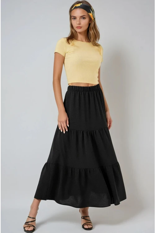 Kadın Siyah Beli Lastikli Ayrobin Uzun Etek HZL25S-BD180481