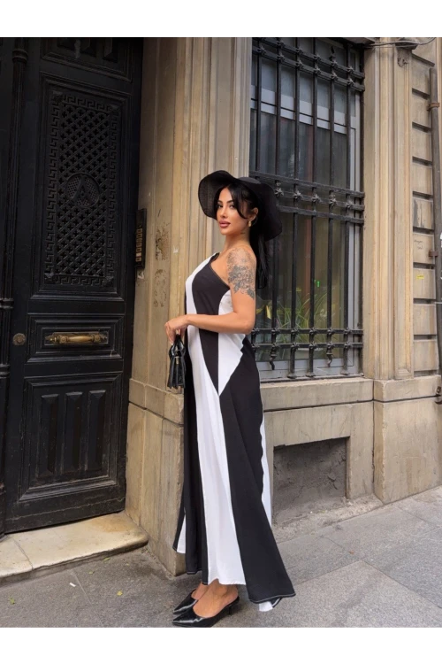 Kadın Siyah Beyaz Parça Bloklu Omuz Detay Elbise HZL25S-DSB107651