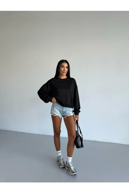 Kadın Siyah Bisiklet Yaka 2 İplik Sweatshirt HZL25W-FRY123391