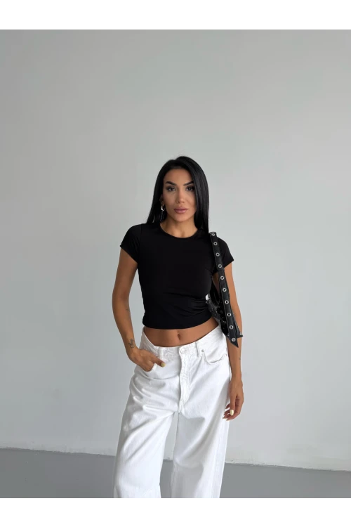 Kadın Siyah Bisiklet Yaka Sandy Bluz HZL25S-FRY123191