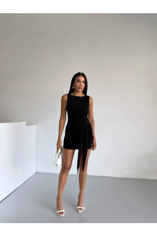 Kadın Siyah Bisiklet Yaka Sıfır Kol Kuşaklı Elbise HZL25S-FRY123221