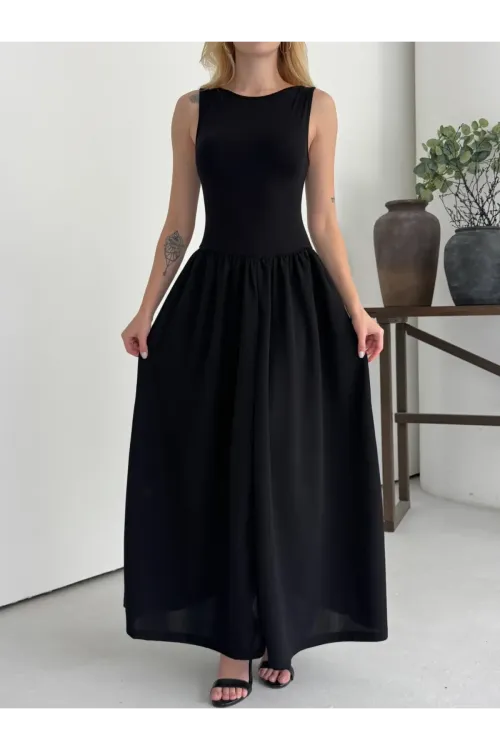 Kadın Siyah Bisiklet Yaka Üstü Esnek Viskon Alt Geniş Poplin Dokuma Kolsuz Elbise HZL26W-DSB1221