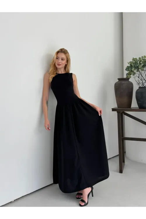 Kadın Siyah Bisiklet Yaka Üstü Esnek Viskon Alt Geniş Poplin Dokuma Kolsuz Elbise HZL26W-DSB1221