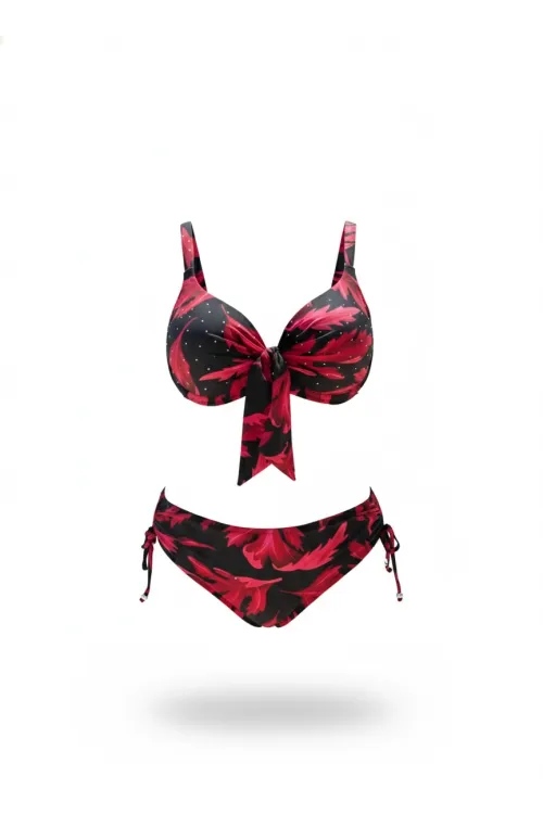 Kadın Siyah Bordo Taş İşlemeli Büyük Beden Bikini Takım HZL25S-LC3337