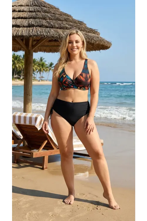 Kadın Siyah Çiçek Desenli Astarlı Büyük Beden Bikini Takımı HZL26S-LC21202