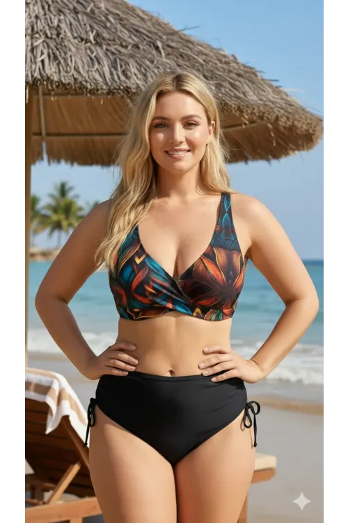 Kadın Siyah Çiçek Desenli Astarlı Büyük Beden Bikini Takımı HZL26S-LC21202