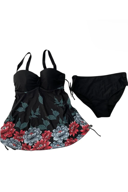 Kadın Siyah Çiçek Desenli Elbise Model  Slipli Tankini HZL24S-LC4009