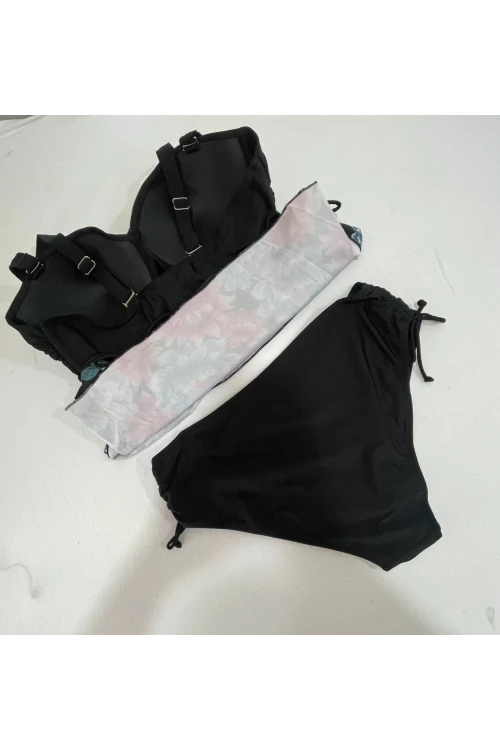 Kadın Siyah Çiçek Desenli Elbise Model  Slipli Tankini HZL24S-LC4009