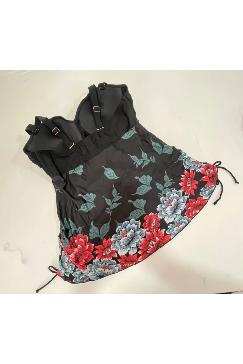 Kadın Siyah Çiçek Desenli Elbise Model  Slipli Tankini HZL24S-LC4009