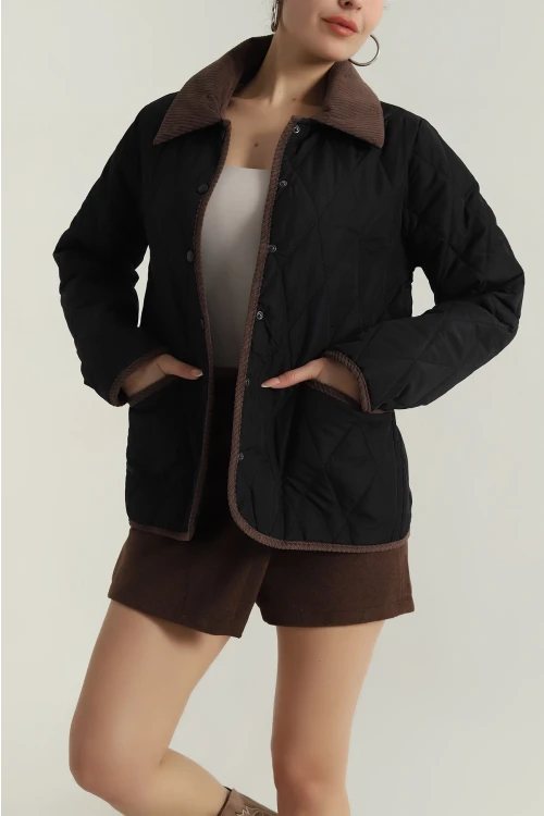 Kadın Siyah Çıt Çıt Kapamalı Kadife Detaylı Kapitone Mont HZL25W-BD152261