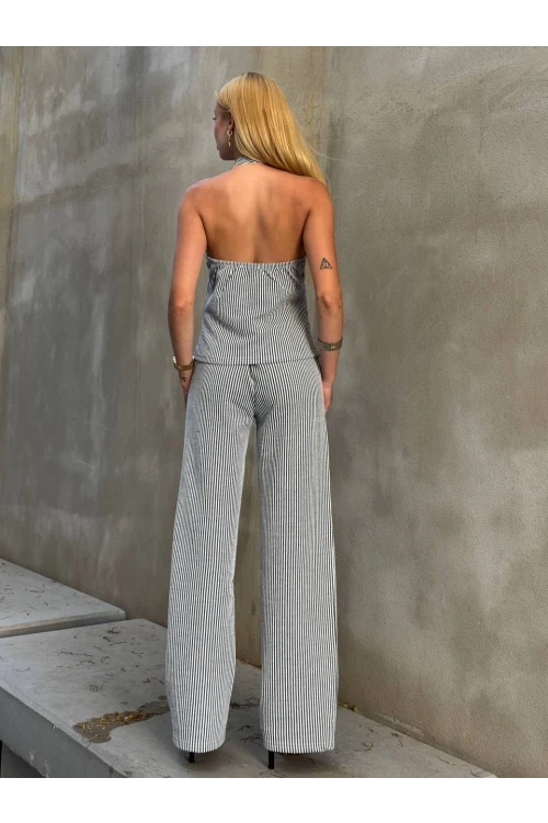 Kadın Siyah Çizgili Önü Fermuarlı Bluz Pantolon İkili Takım HZL25S-ZK13691