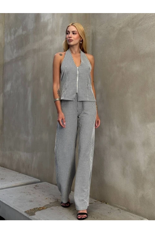 Kadın Siyah Çizgili Önü Fermuarlı Bluz Pantolon İkili Takım HZL25S-ZK13691