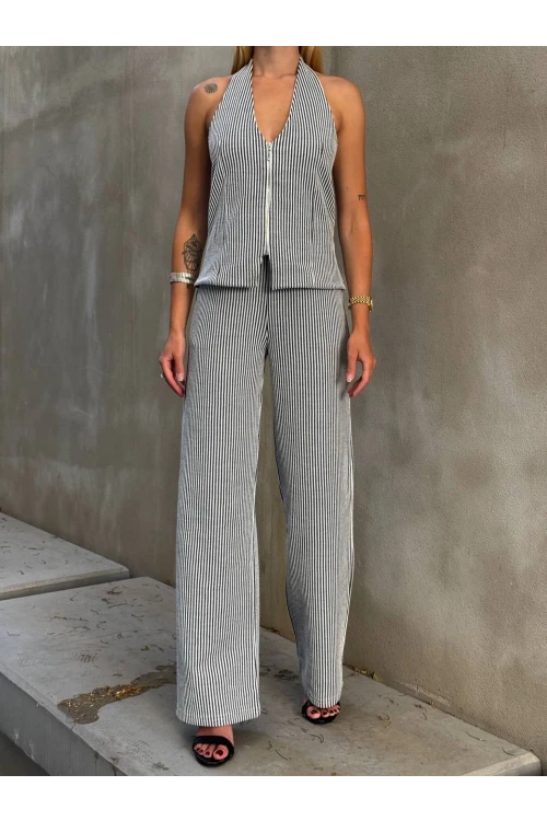 Kadın Siyah Çizgili Önü Fermuarlı Bluz Pantolon İkili Takım HZL25S-ZK13691