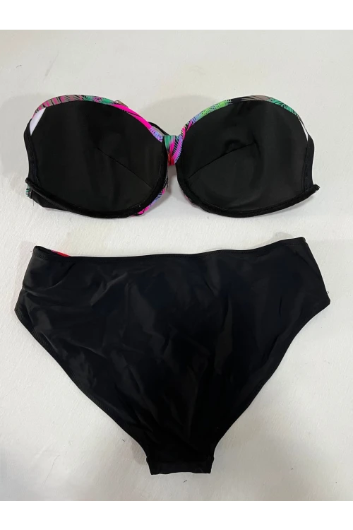 Kadın Siyah Çok Renk Desenli  Astarlı Büyük Beden Bikini Takımı HZL25S-LC06