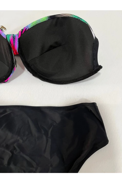 Kadın Siyah Çok Renk Desenli  Astarlı Büyük Beden Bikini Takımı HZL25S-LC06