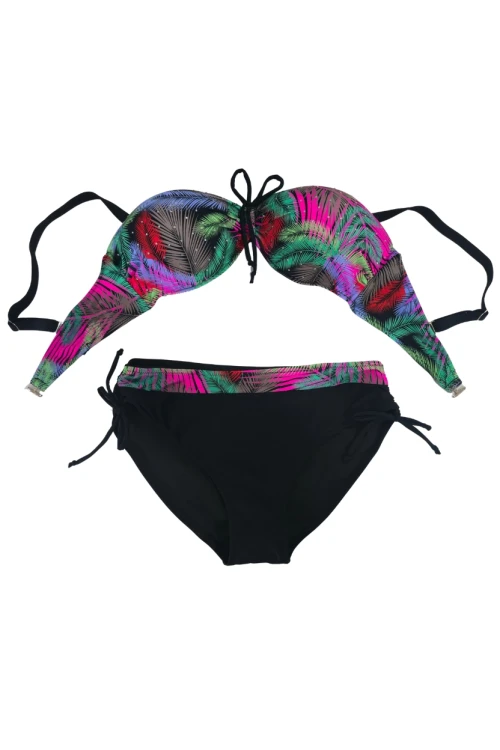 Kadın Siyah Çok Renk Desenli  Astarlı Büyük Beden Bikini Takımı HZL25S-LC03