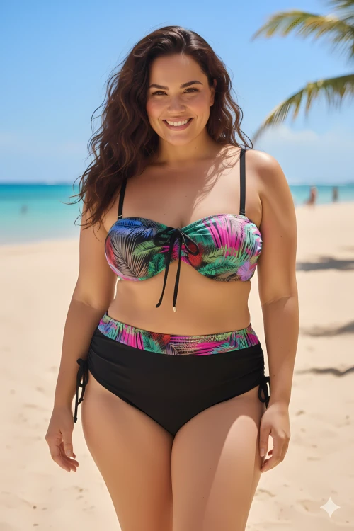 Kadın Siyah Çok Renk Desenli  Astarlı Büyük Beden Bikini Takımı HZL25S-LC03