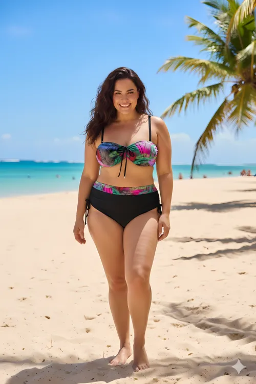 Kadın Siyah Çok Renk Desenli  Astarlı Büyük Beden Bikini Takımı HZL25S-LC03