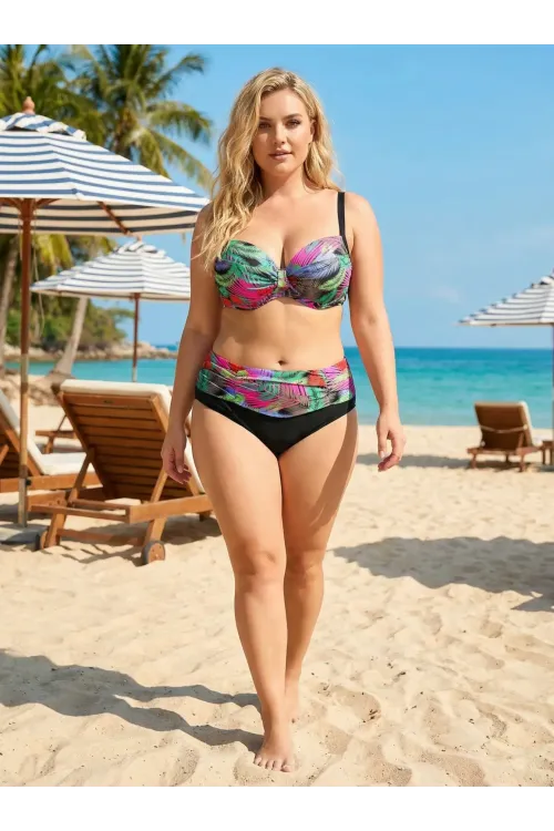 Kadın Siyah Çok Renk Desenli  Astarlı Büyük Beden Bikini Takımı HZL25S-LC06