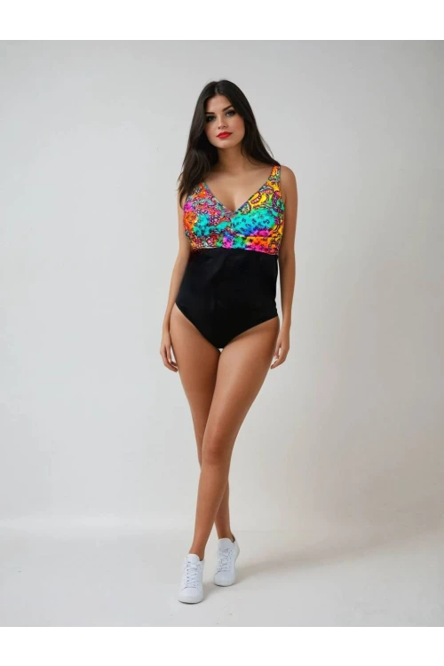 Kadın Siyah Çok Renkli V Yaka Yüzücü Mayo HZL25S-LC4008