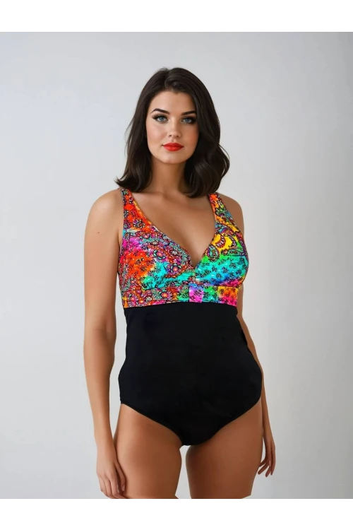 Kadın Siyah Çok Renkli V Yaka Yüzücü Mayo HZL25S-LC4008