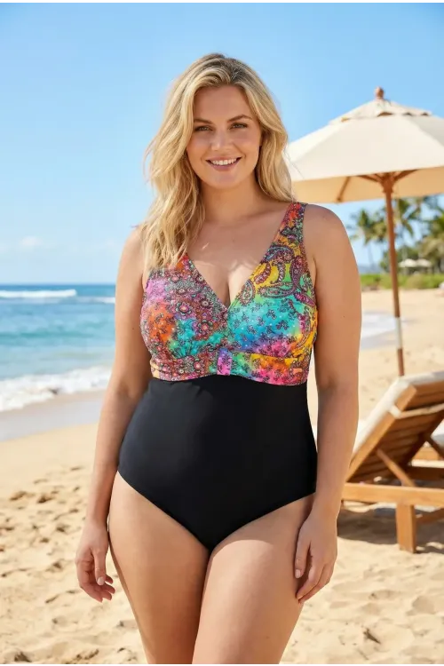 Kadın Siyah Çok Renkli V Yaka Büyük Beden Yüzücü Mayo HZL25S-LC4008