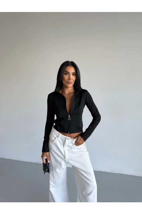 Kadın Siyah Dalgıç Kumaş Fermuar Kapamalı Parmak Geçirmeli Sweatshirt HZL25W-FRY123441