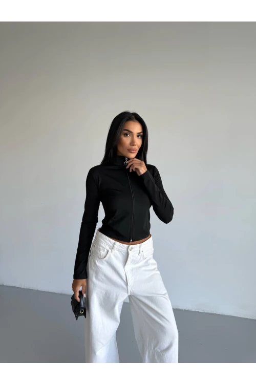 Kadın Siyah Dalgıç Kumaş Fermuar Kapamalı Parmak Geçirmeli Sweatshirt HZL25W-FRY123441