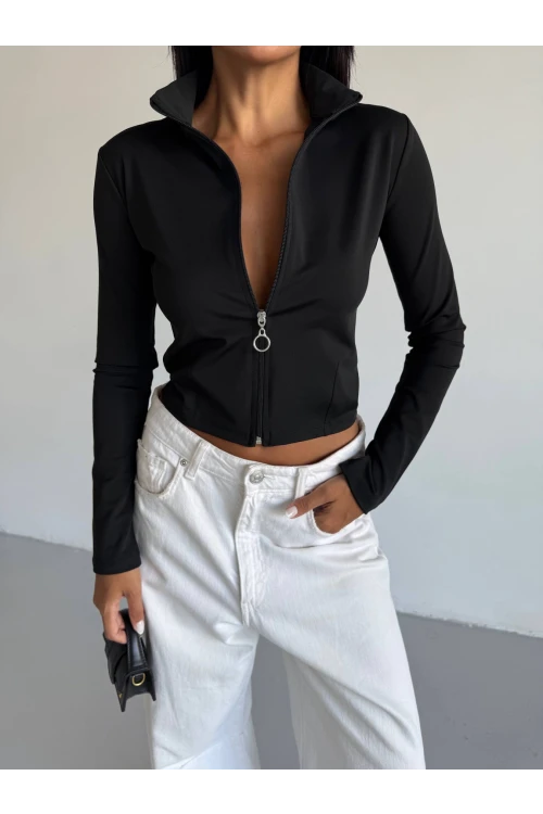 Kadın Siyah Dalgıç Kumaş Fermuar Kapamalı Parmak Geçirmeli Sweatshirt HZL25W-FRY123441