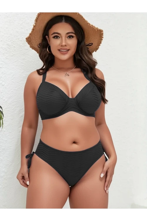 Kadın Siyah Desenli Büyük Beden Astarlı Bikini Takım HZL25S-LC4004