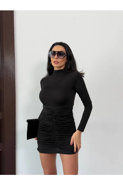 Kadın Siyah Esnek Kumaş Boğazlı Uzun Kollu Drape Detay Mini Elbise HZL25W-FRY123551