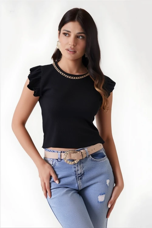 Kadın Siyah Fırfır Kollu Zincir Kolyeli Örme Bluz HZL22S-BD104301