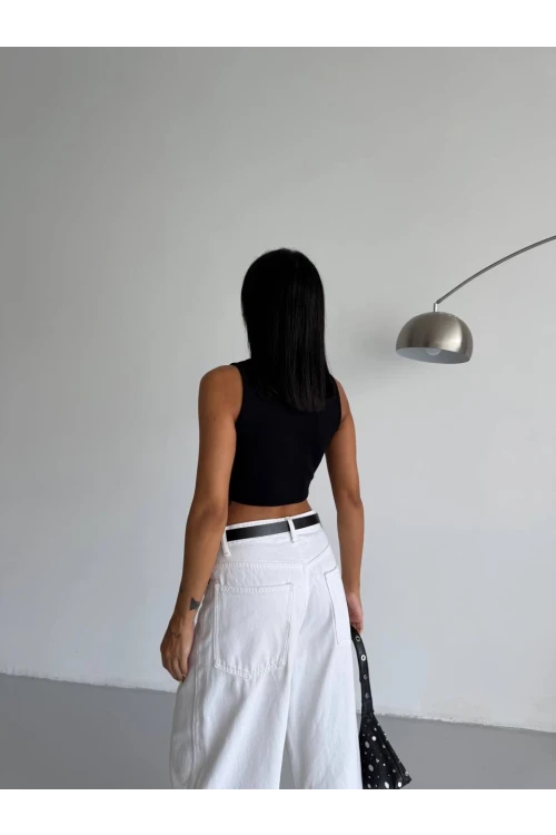 Kadın Siyah Fitilli Kaşkorse Crop Bluz HZL25S-FRY123171