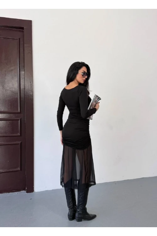 Kadın Siyah Kare Yaka Eteği Tül Elbise HZL25W-FRY123561