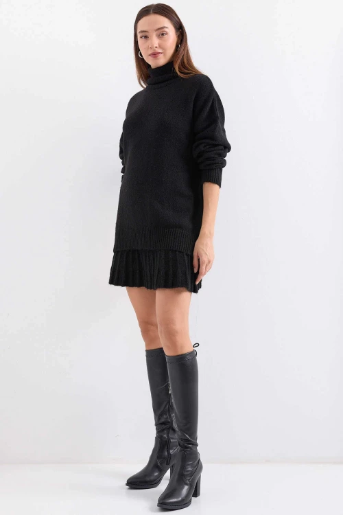 Kadın Siyah Kazak Etek Triko İkili Takım HZL25W-BD1102641