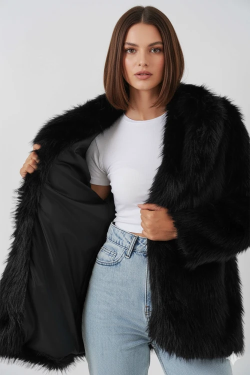 Kadın Siyah Kemer Detaylı Astarlı Peluş Kürk Mont HZL25W-BD191561