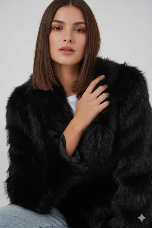 Kadın Siyah Kemer Detaylı Astarlı Peluş Kürk Mont HZL25W-BD191561