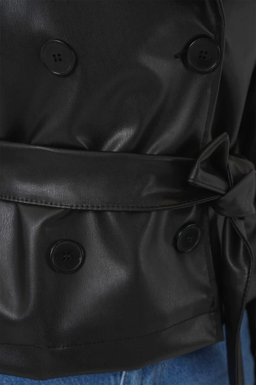 Kadın Siyah Kemerli Astarlı Suni Deri Ceket HZL25W-BD110461