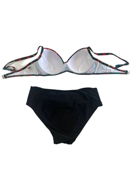 Kadın Siyah Kırmızı Çiçek Desenli Astarlı Büyük Beden Bikini Takımı HZL25S-LC24108