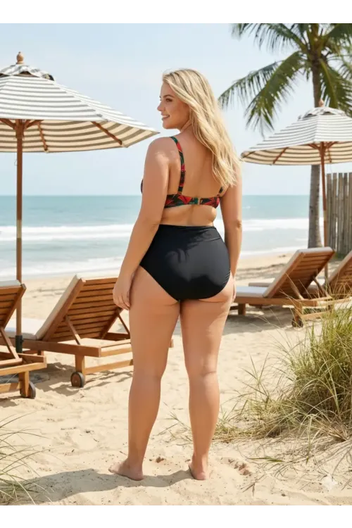 Kadın Siyah Kırmızı Çiçek Desenli Astarlı Büyük Beden Bikini Takımı HZL25S-LC24108