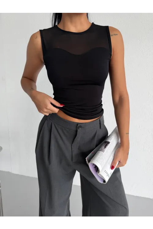 Kadın Siyah Kolsuz Likralı Tül Detay Sandy Bluz HZL26W-FRY123721