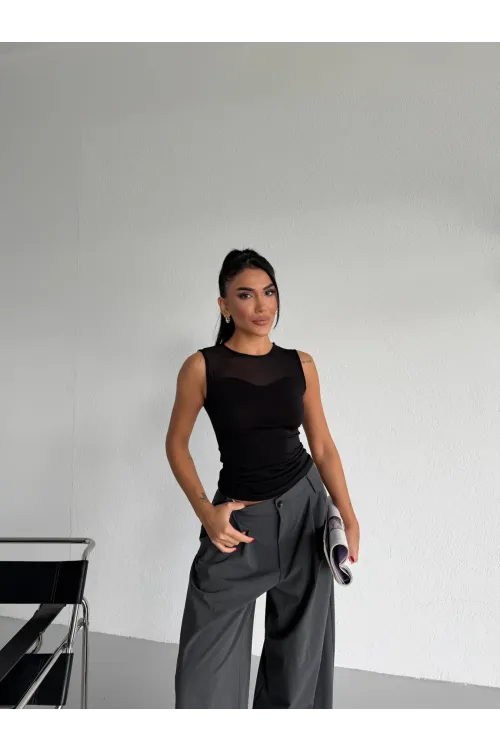 Kadın Siyah Kolsuz Likralı Tül Detay Sandy Bluz HZL26W-FRY123721