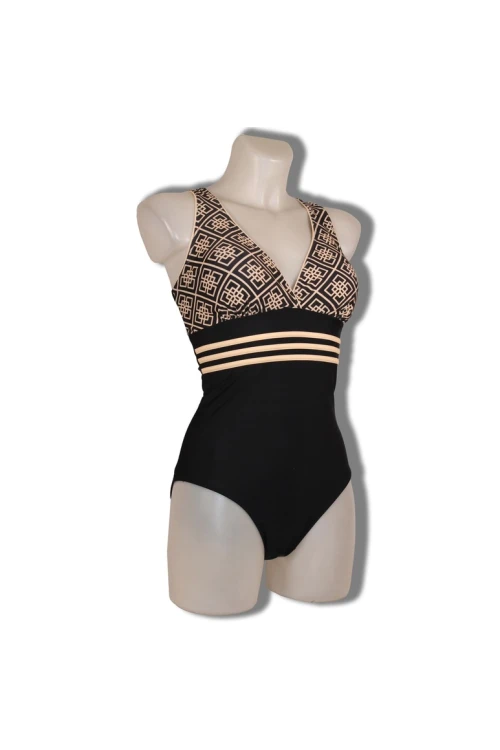 Kadın Siyah Krem Etnik Desenli Astarlı Mayo HZL25S-LC25115