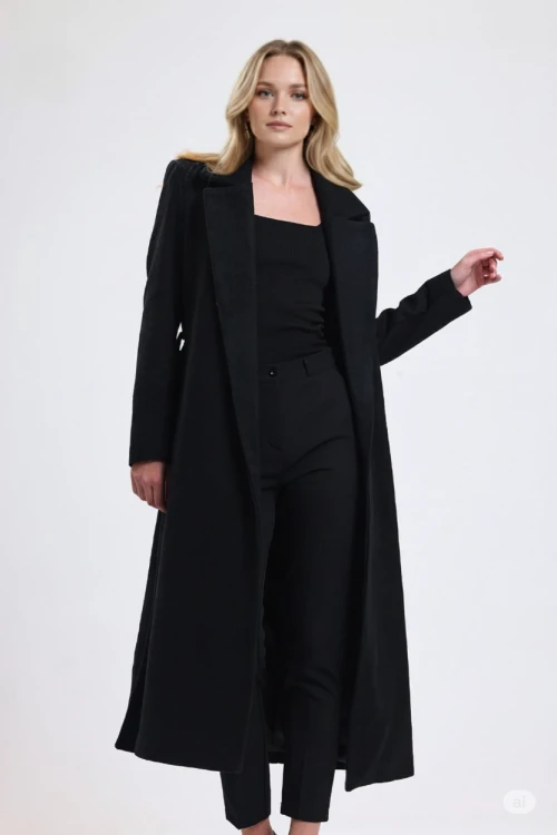 Kadın Siyah Kuşaklı Cepli Uzun Kaşe Kaban HZL25W-BD191471