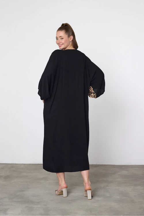 Kadın Siyah Leopar Nakış Detay Büyük Beden Gömlek Elbise HZL25S-VM110881