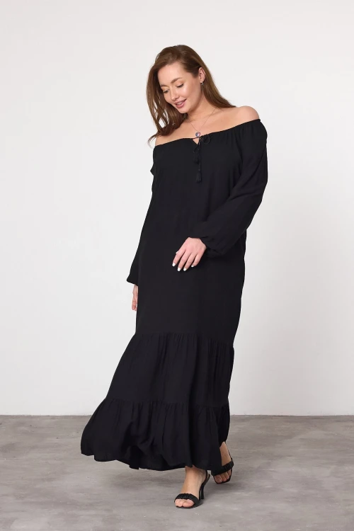 Kadın Siyah Madonna Yaka Kolu Lastikli Uzun Viskon Elbise HZL25S-VM10331