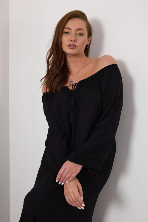 Kadın Siyah Madonna Yaka Kolu Lastikli Uzun Viskon Elbise HZL25S-VM10331