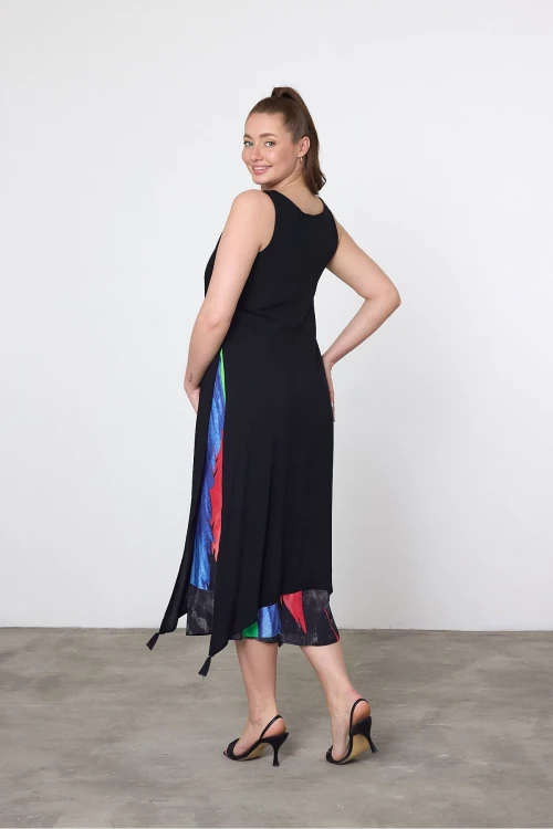 Kadın Siyah Mavi Kuş Tüyü Desenli Astarlı Viskon Elbise HZL25S-VM120251