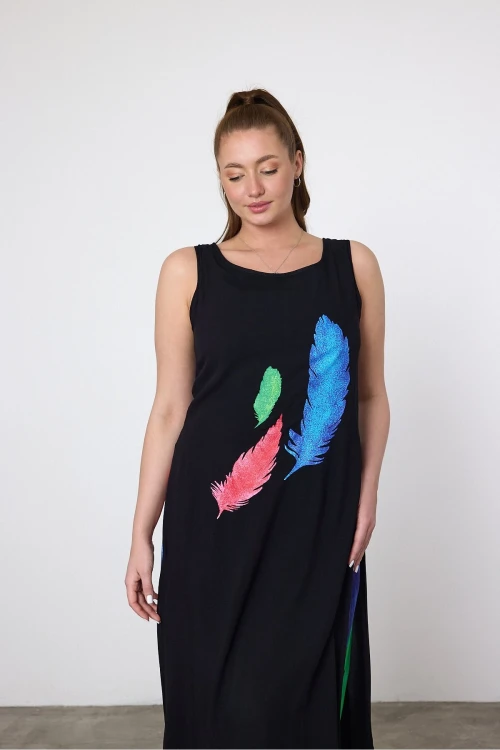 Kadın Siyah Mavi Kuş Tüyü Desenli Astarlı Viskon Elbise HZL25S-VM120251